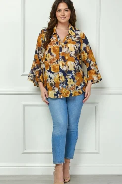 3/4 Ruffle Sleeve Swing Blouse in Navy/Gold - Plus