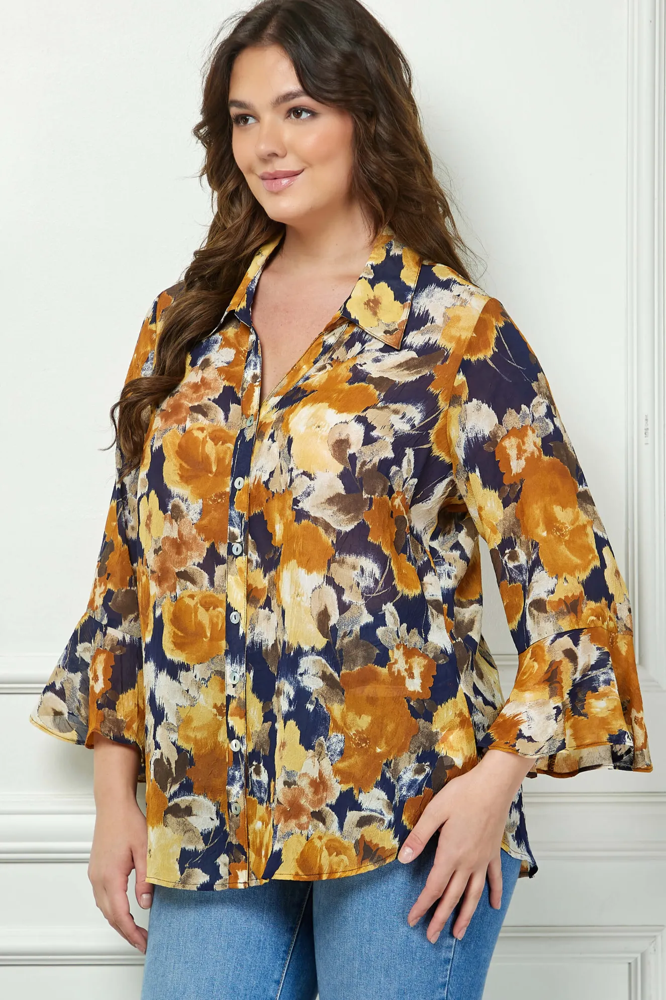 3/4 Ruffle Sleeve Swing Blouse in Navy/Gold - Plus