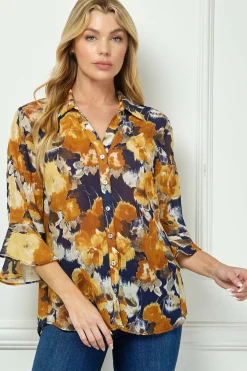 3/4 Ruffle Sleeve Swing Blouse in Navy/Gold