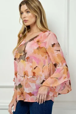3/4 Ruffle Sleeve V-Neck Swing Blouse in Yellow/Peach/Brown