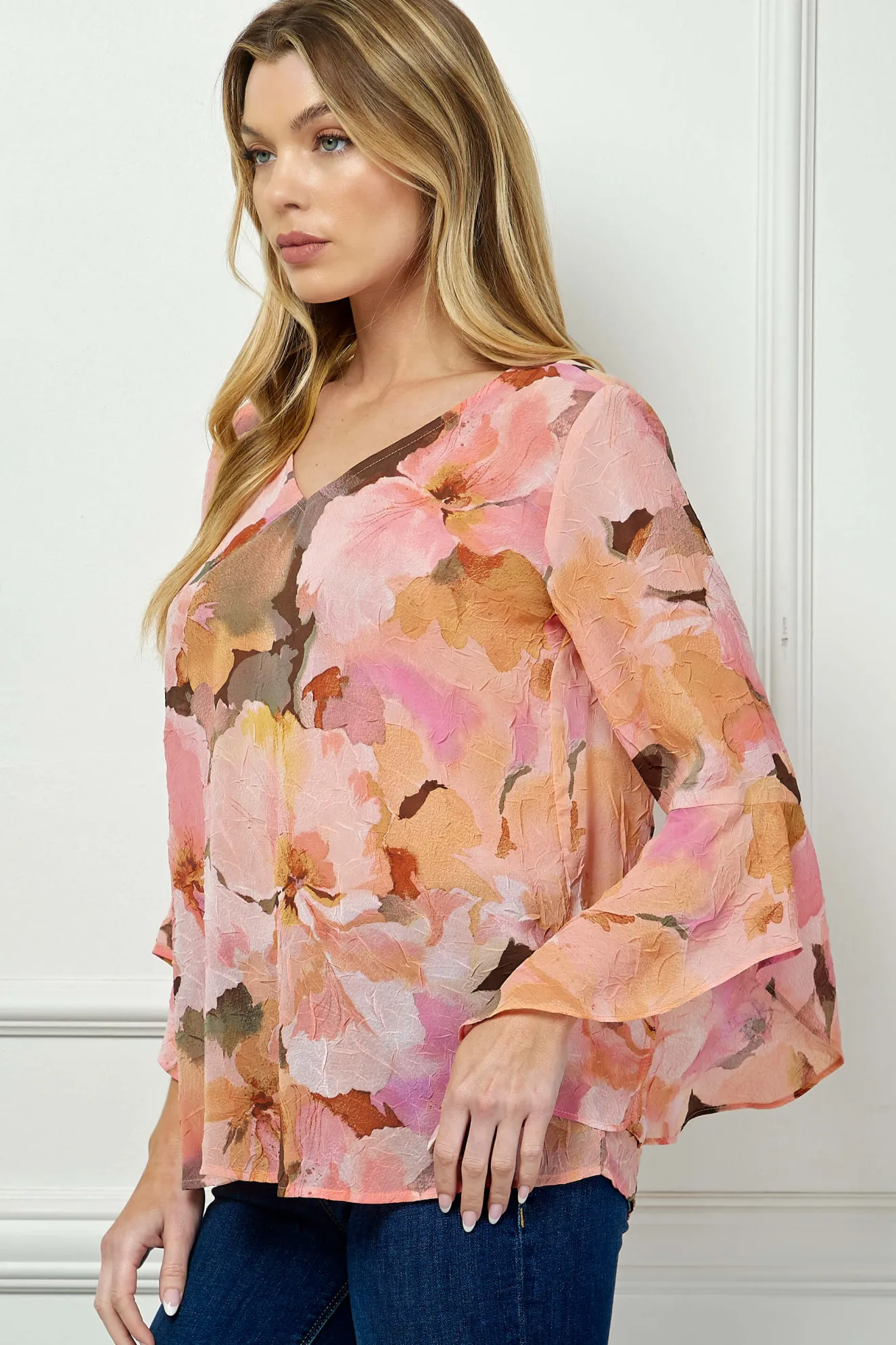 3/4 Ruffle Sleeve V-Neck Swing Blouse in Yellow/Peach/Brown