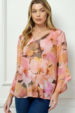 3/4 Ruffle Sleeve V-Neck Swing Blouse in Yellow/Peach/Brown