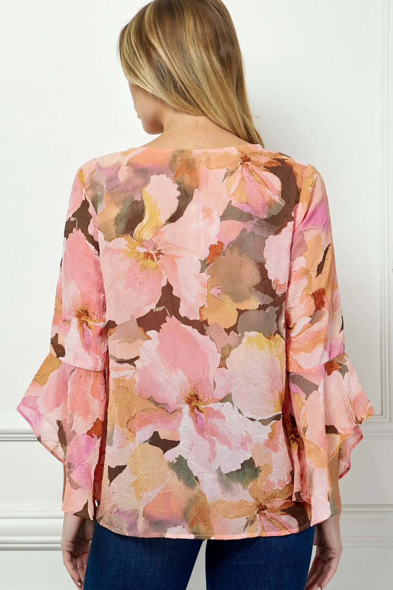 3/4 Ruffle Sleeve V-Neck Swing Blouse in Yellow/Peach/Brown
