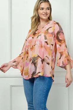 3/4 Ruffle Sleeve V-Neck Swing Blouse in Yellow/Peach/Brown - Plus