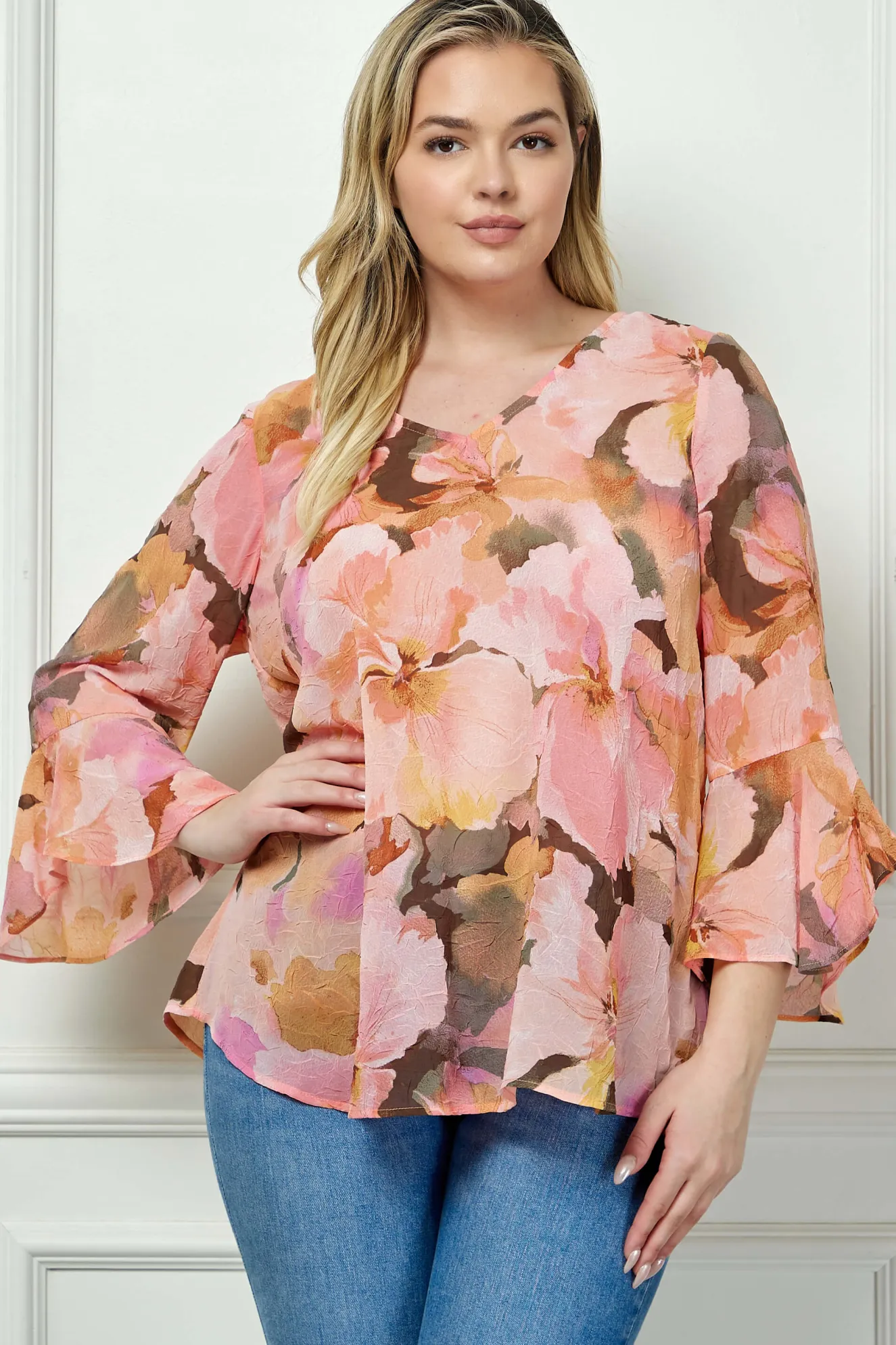 3/4 Ruffle Sleeve V-Neck Swing Blouse in Yellow/Peach/Brown - Plus