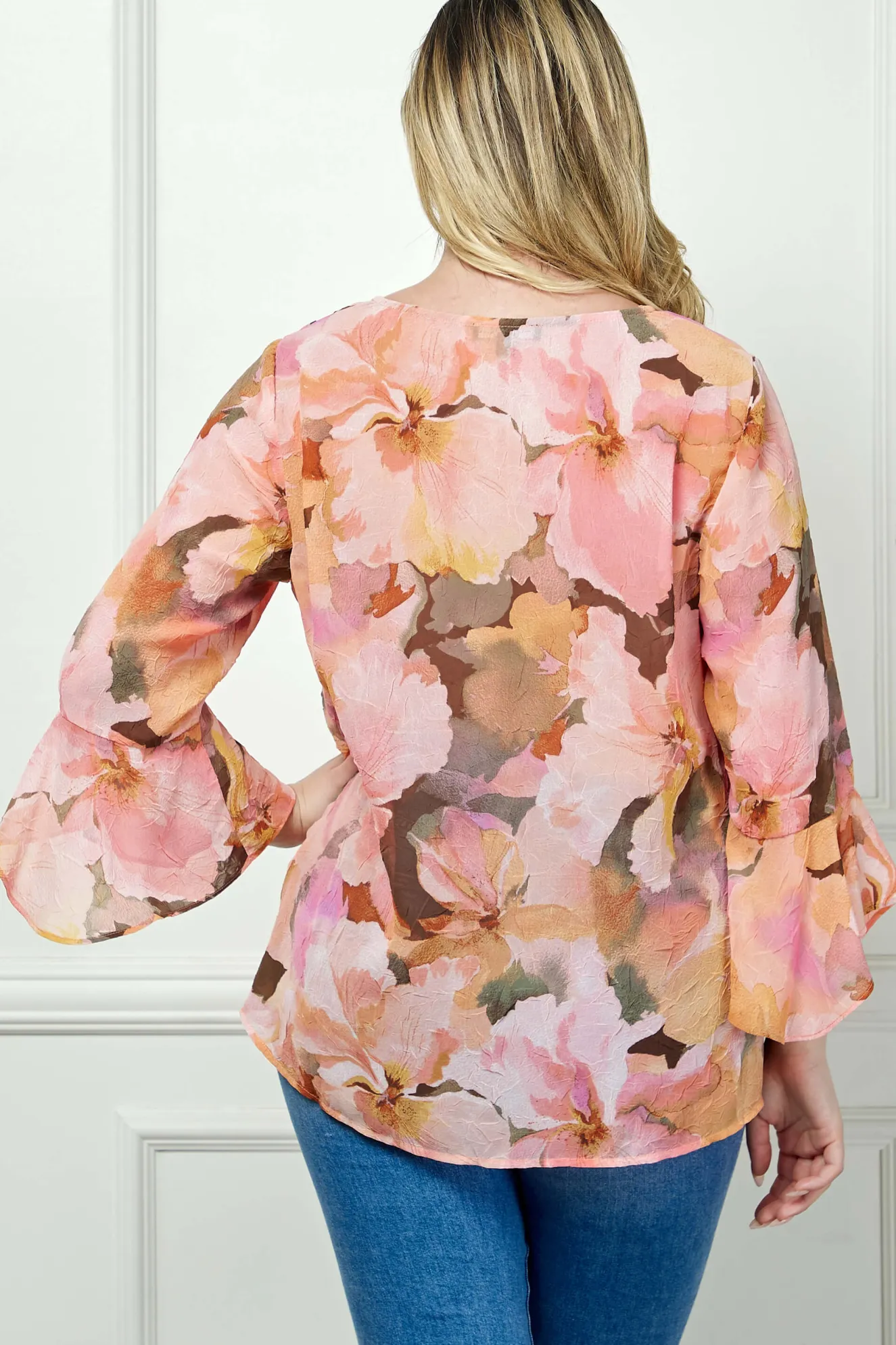 3/4 Ruffle Sleeve V-Neck Swing Blouse in Yellow/Peach/Brown - Plus
