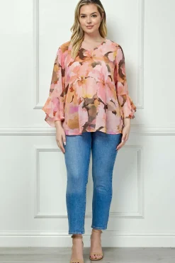 3/4 Ruffle Sleeve V-Neck Swing Blouse in Yellow/Peach/Brown - Plus