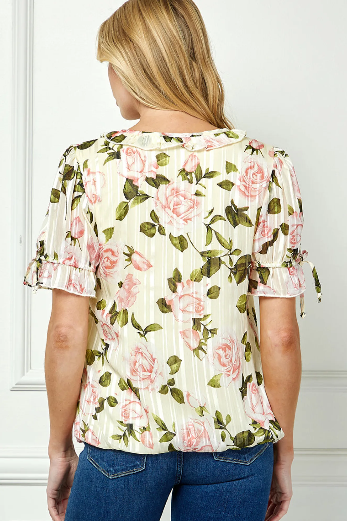 Ruffle Tie Sleeve V-Neck Bubble Blouse in Yellow