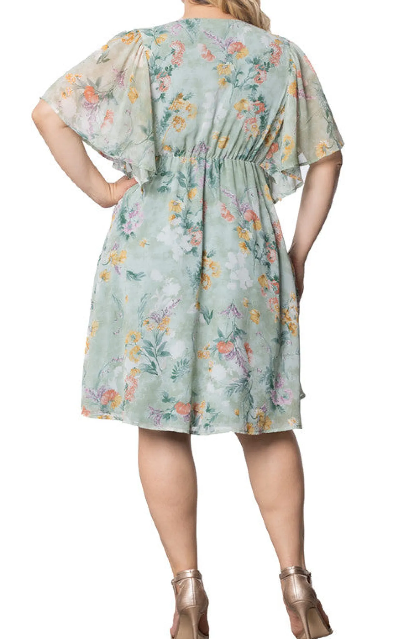 Sage Floral Print Florence Flutter Sleeve Dress - Plus