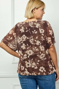 Scoop Neck Bubble Blouse with Necklace in Brown/Mocha/Tan - Plus