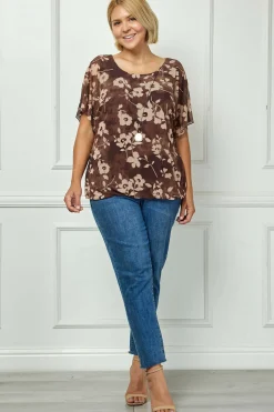 Scoop Neck Bubble Blouse with Necklace in Brown/Mocha/Tan - Plus
