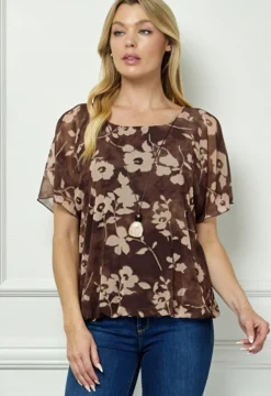 Scoop Neck Bubble Blouse with Necklace in Brown/Mocha/Tan