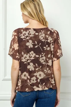 Scoop Neck Bubble Blouse with Necklace in Brown/Mocha/Tan