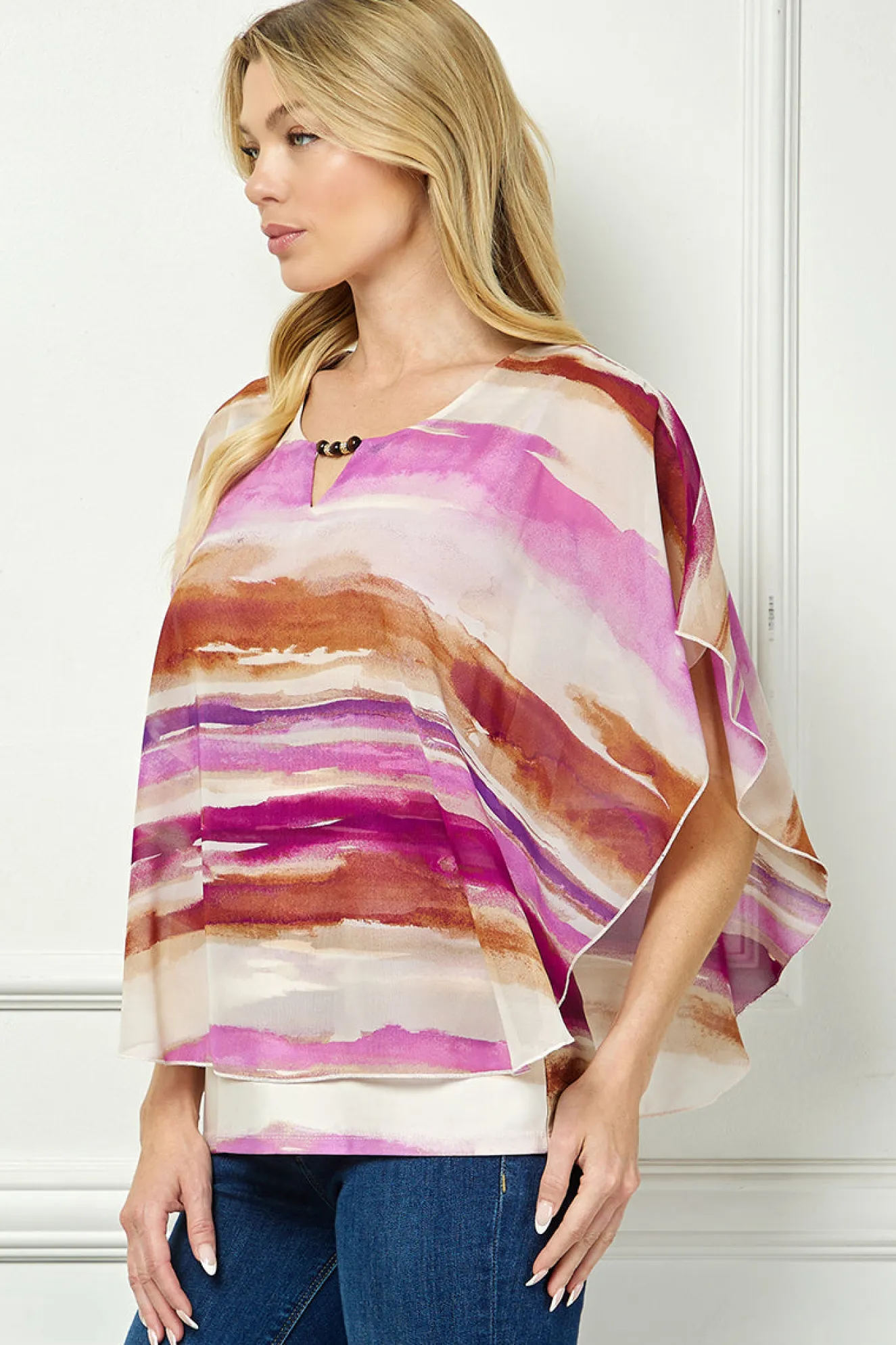 Scoop Neck Cutout Trim Poncho Top in Tan/Purple/Brown