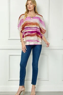 Scoop Neck Cutout Trim Poncho Top in Tan/Purple/Brown