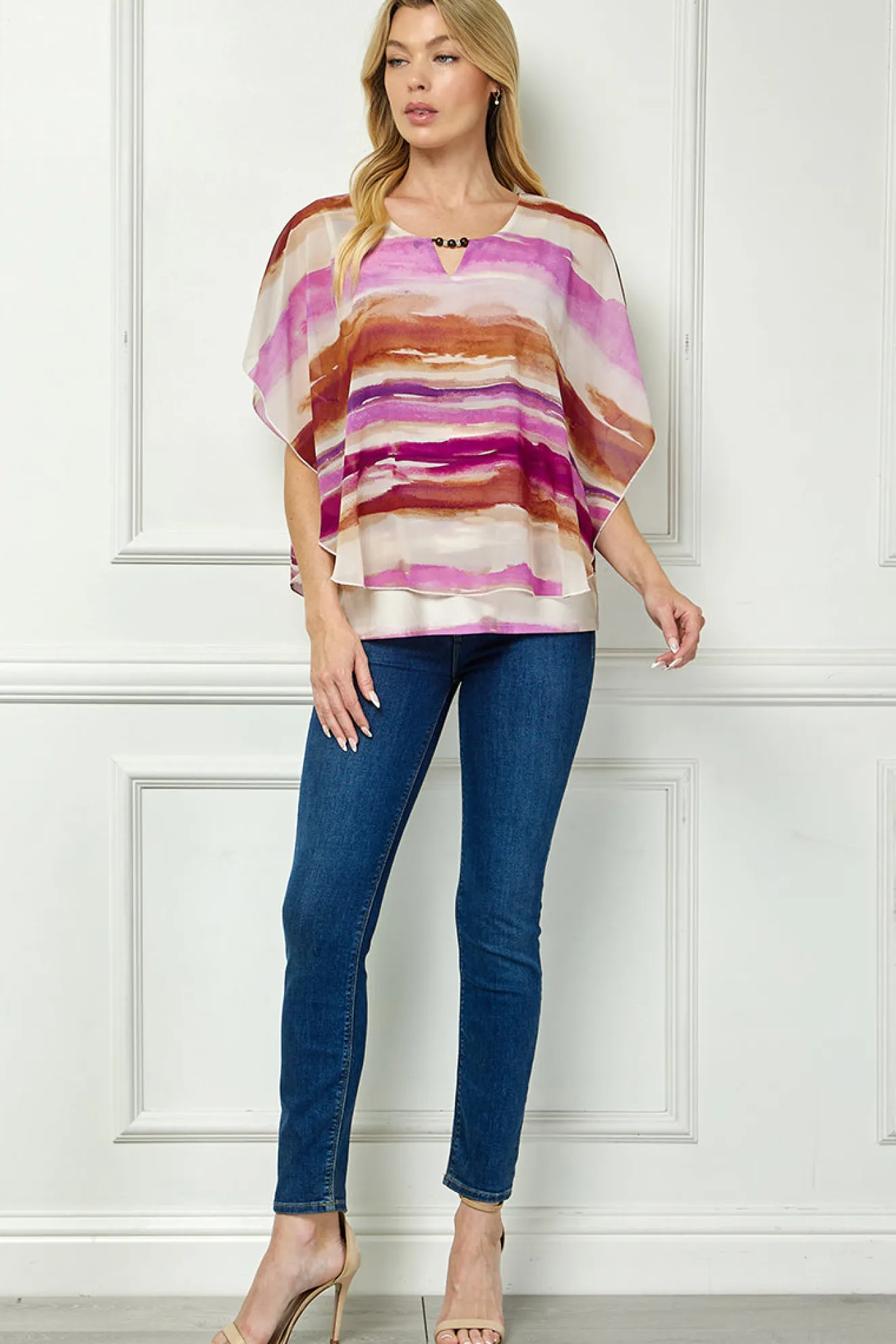 Scoop Neck Cutout Trim Poncho Top in Tan/Purple/Brown