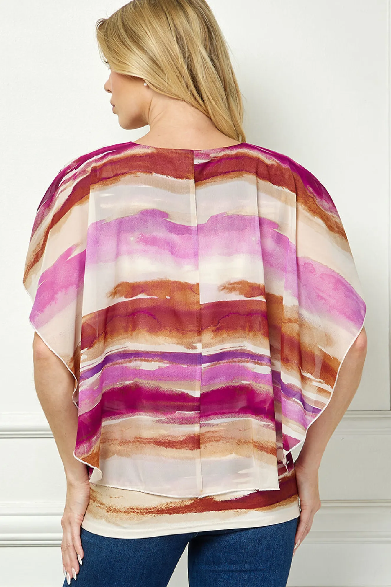 Scoop Neck Cutout Trim Poncho Top in Tan/Purple/Brown