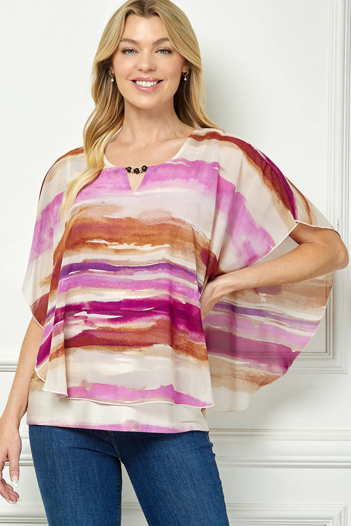 Scoop Neck Cutout Trim Poncho Top in Tan/Purple/Brown