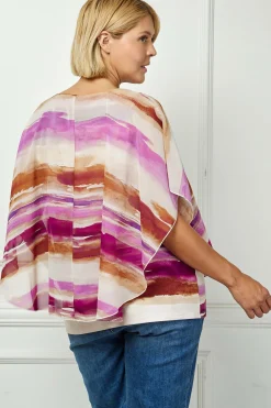 Scoop Neck Cutout Trim Poncho Top in Tan/Purple/Brown - Plus