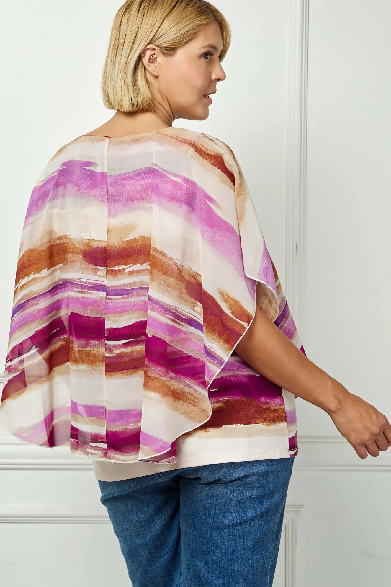 Scoop Neck Cutout Trim Poncho Top in Tan/Purple/Brown - Plus