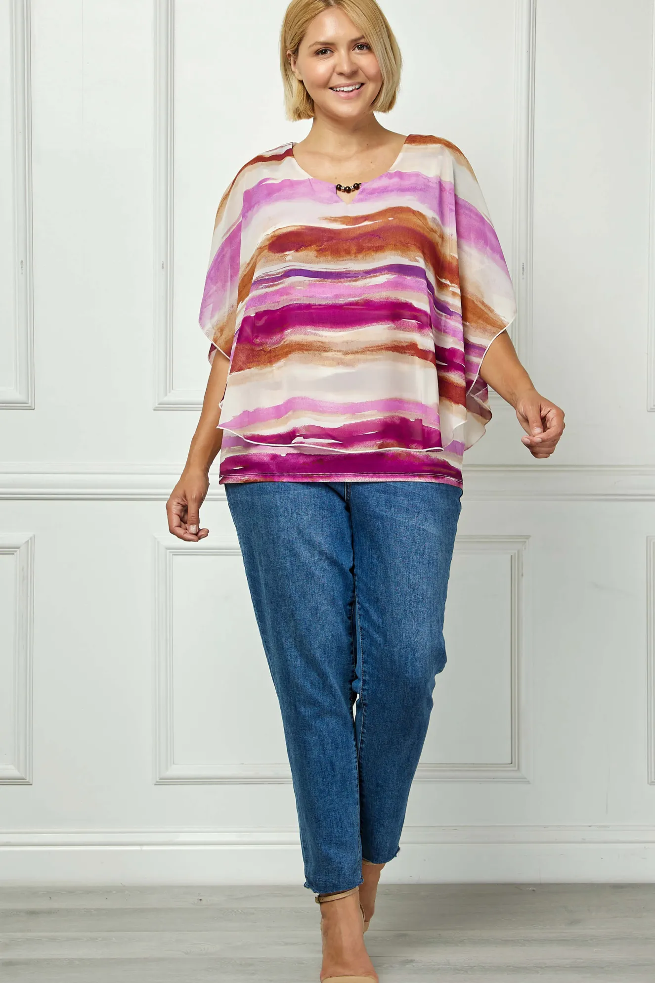 Scoop Neck Cutout Trim Poncho Top in Tan/Purple/Brown - Plus