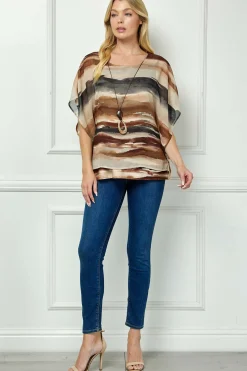 Scoop Neck Poncho with Necklace in Brown/Tan/Black