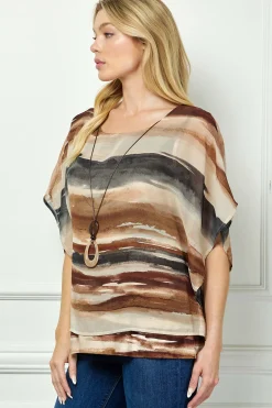 Scoop Neck Poncho with Necklace in Brown/Tan/Black