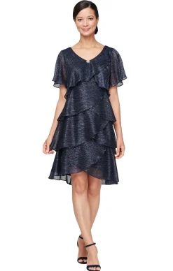 Shimmer Bodre Chiffon Tiered Cocktail Dress - Navy