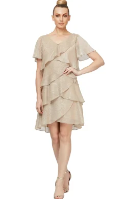 Shimmer Bodre Chiffon Tiered Cocktail Dress - Gold