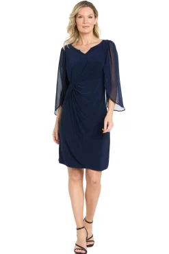 Short Jersey Dress with Tulip Chiffon Sleeve - Navy
