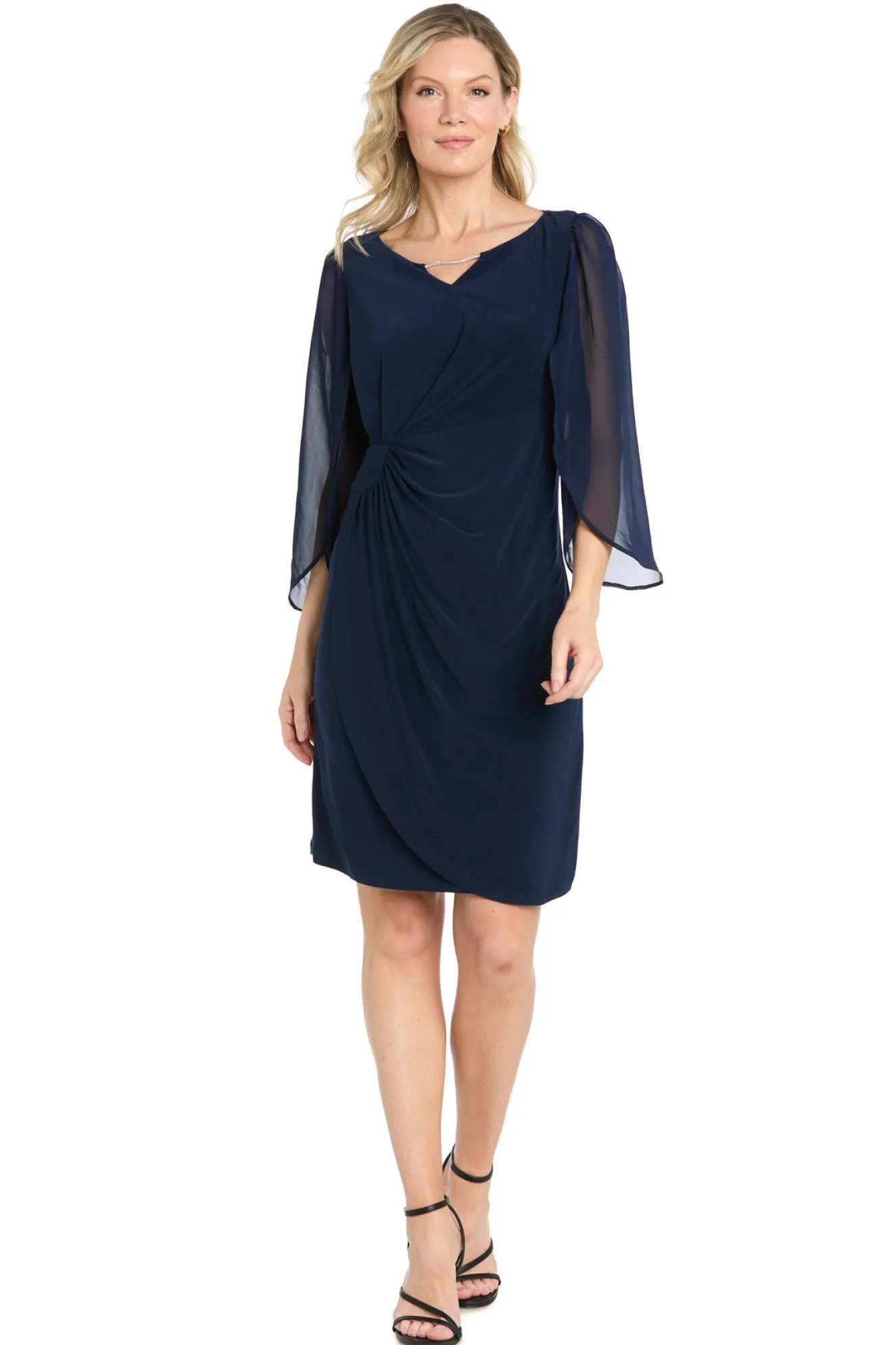 Short Jersey Dress with Tulip Chiffon Sleeve - Navy