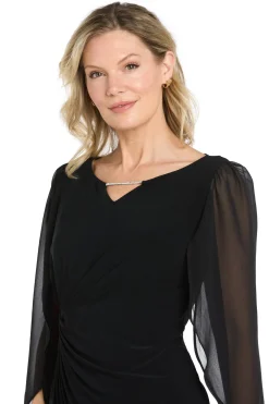 Short Jersey Dress with Tulip Chiffon Sleeve - Black