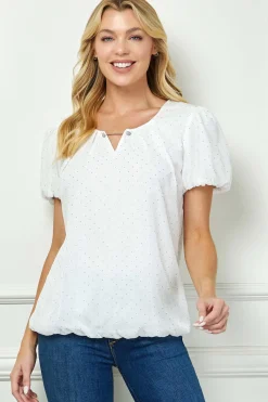 Short Puff Sleeve Cutout Neck Bubble Blouse in White