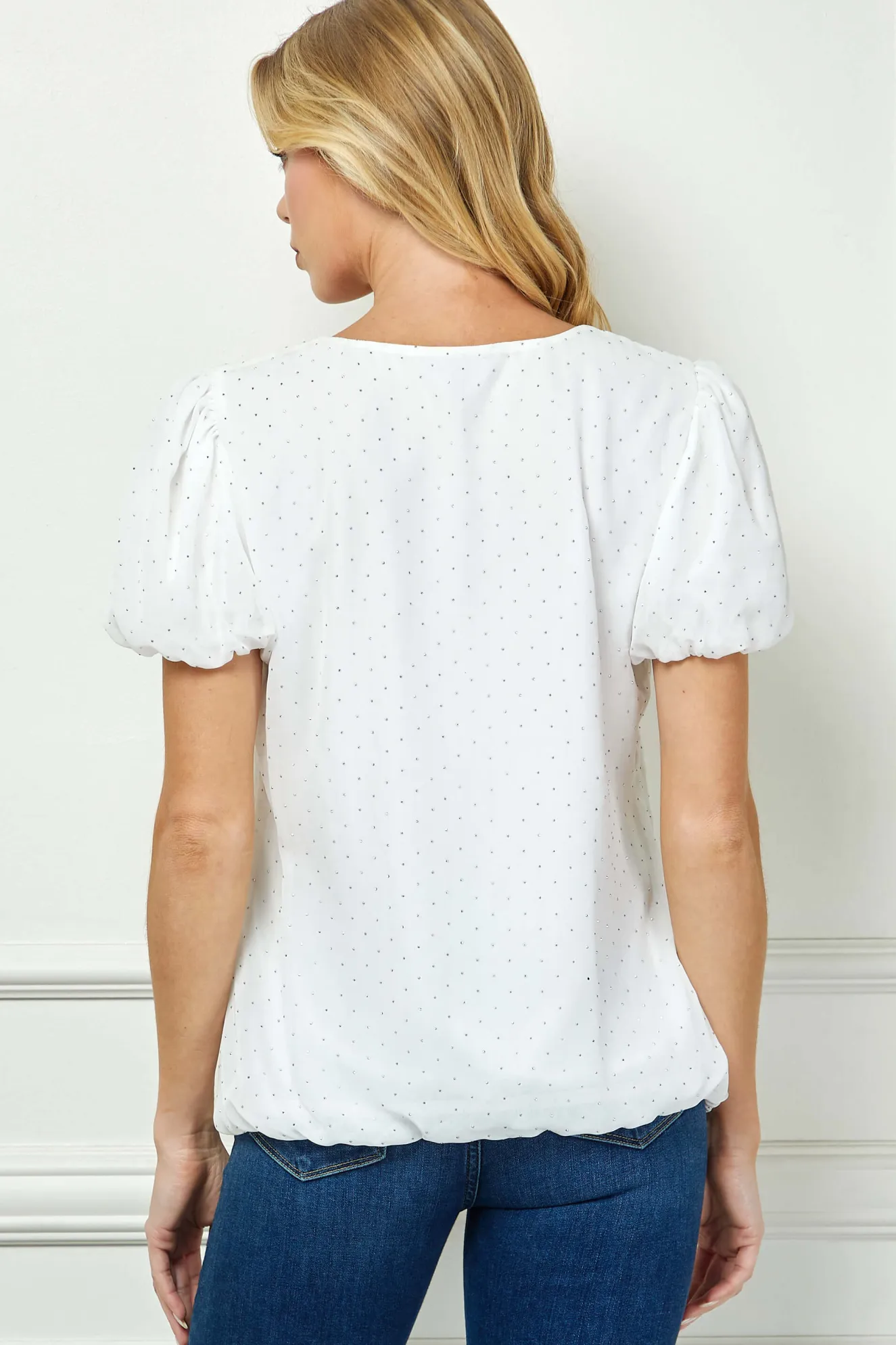 Short Puff Sleeve Cutout Neck Bubble Blouse in White