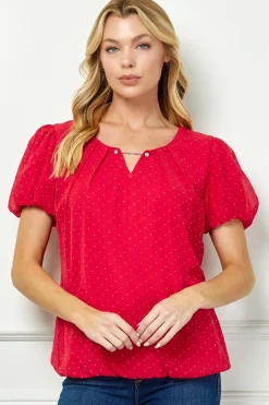 Short Puff Sleeve Cutout Neck Bubble Blouse in Red