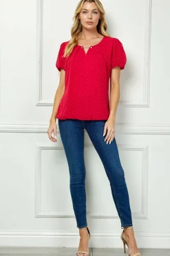 Short Puff Sleeve Cutout Neck Bubble Blouse in Red