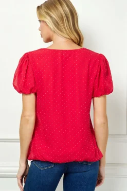Short Puff Sleeve Cutout Neck Bubble Blouse in Red