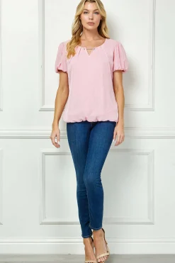 Short Puff Sleeve Cutout Neck Bubble Blouse in Pink
