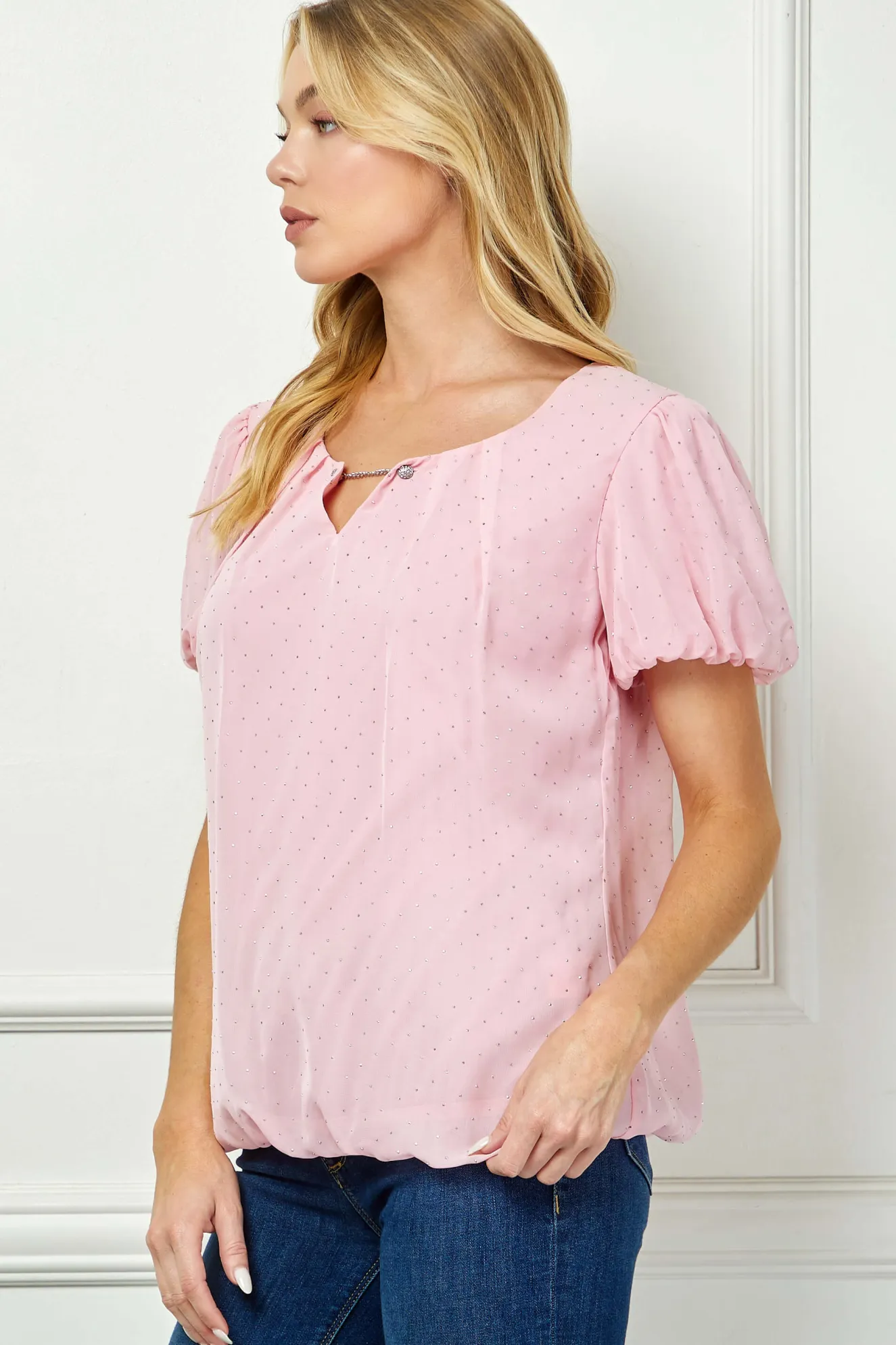 Short Puff Sleeve Cutout Neck Bubble Blouse in Pink