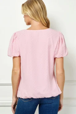 Short Puff Sleeve Cutout Neck Bubble Blouse in Pink