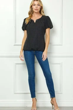 Short Puff Sleeve Cutout Neck Bubble Blouse in Black