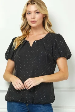 Short Puff Sleeve Cutout Neck Bubble Blouse in Black