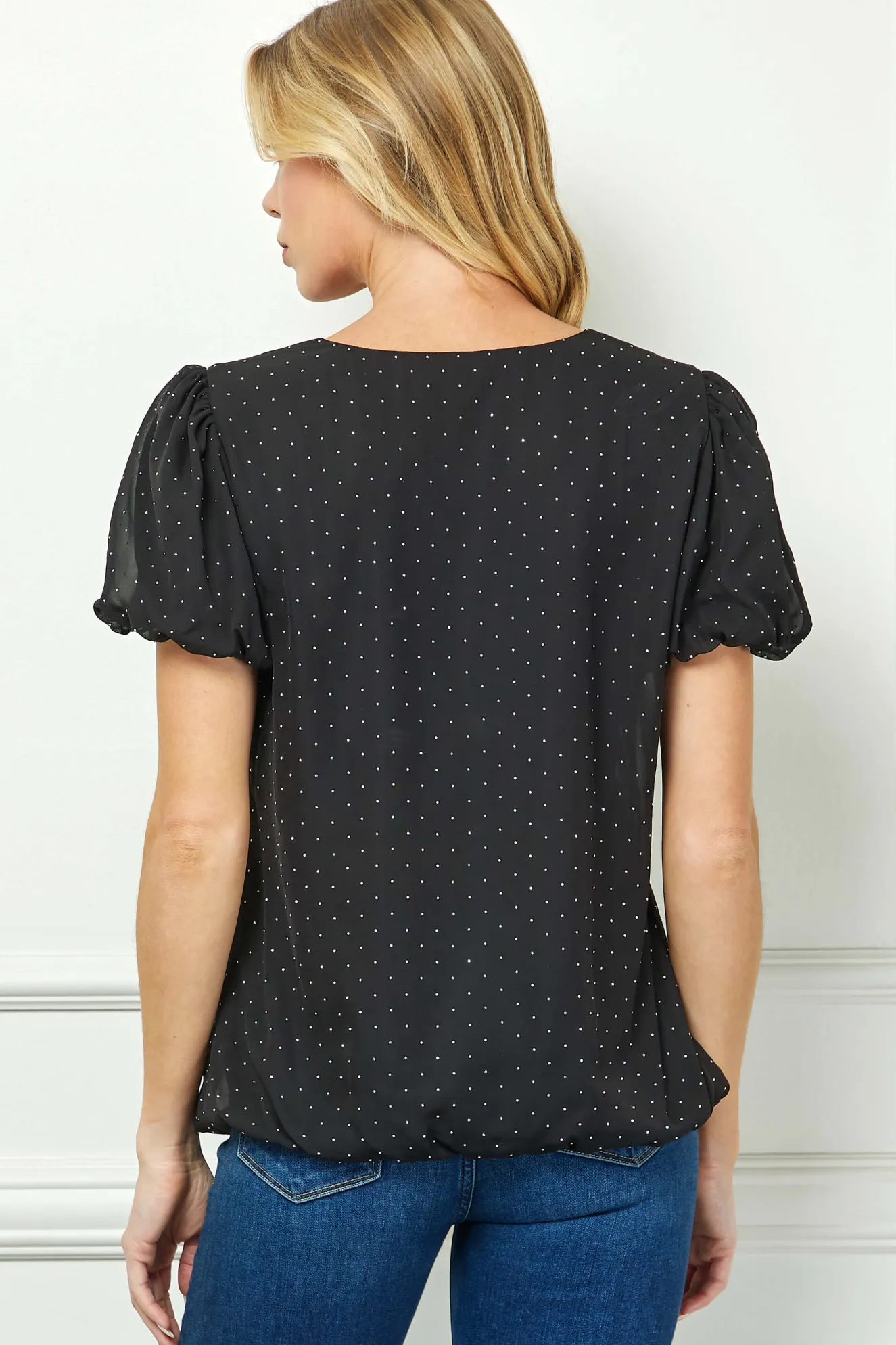 Short Puff Sleeve Cutout Neck Bubble Blouse in Black