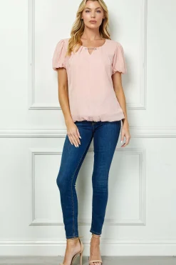 Short Puff Sleeve Cutout Neck Bubble Blouse in Peach
