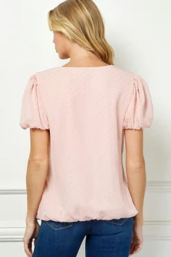 Short Puff Sleeve Cutout Neck Bubble Blouse in Peach