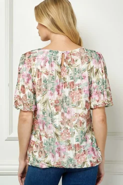 Short Puff Sleeve Pleat Scoop Neck Lined Bubble Blouse in Ivory/Olive/Rust