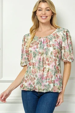 Short Puff Sleeve Pleat Scoop Neck Lined Bubble Blouse in Ivory/Olive/Rust