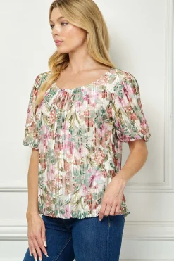 Short Puff Sleeve Pleat Scoop Neck Lined Bubble Blouse in Ivory/Olive/Rust