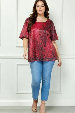 Short Puff Sleeve Scoop Neck Keyhole Back Blouse in Burgundy - Plus