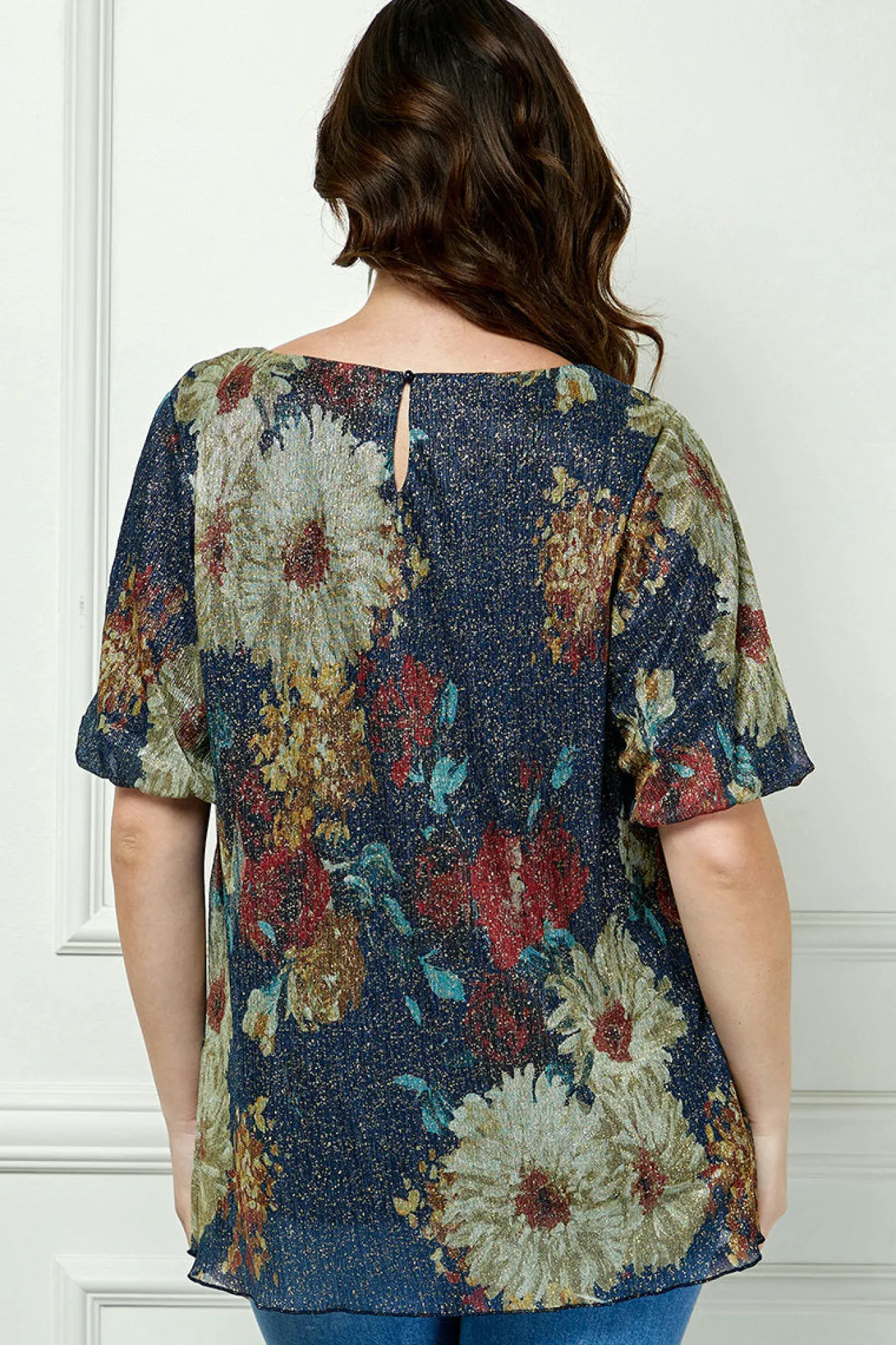 Short Puff Sleeve Scoop Neck Keyhole Back Blouse in Teal - Plus